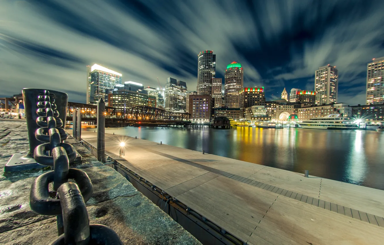 Photo wallpaper building, home, skyscrapers, pier, chain, night city, Boston, Boston