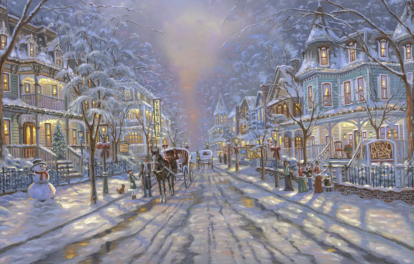 Photo wallpaper road, street, Christmas, snowman, tree, painting, Christmas, Robert Finale