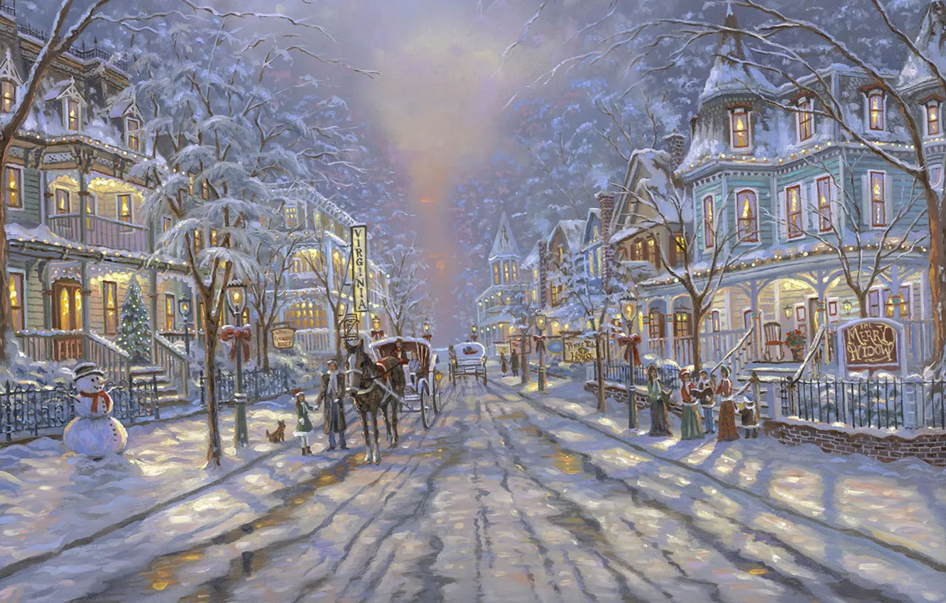 Photo wallpaper road, street, tree, Christmas, wagon, snowman, painting, Christmas
