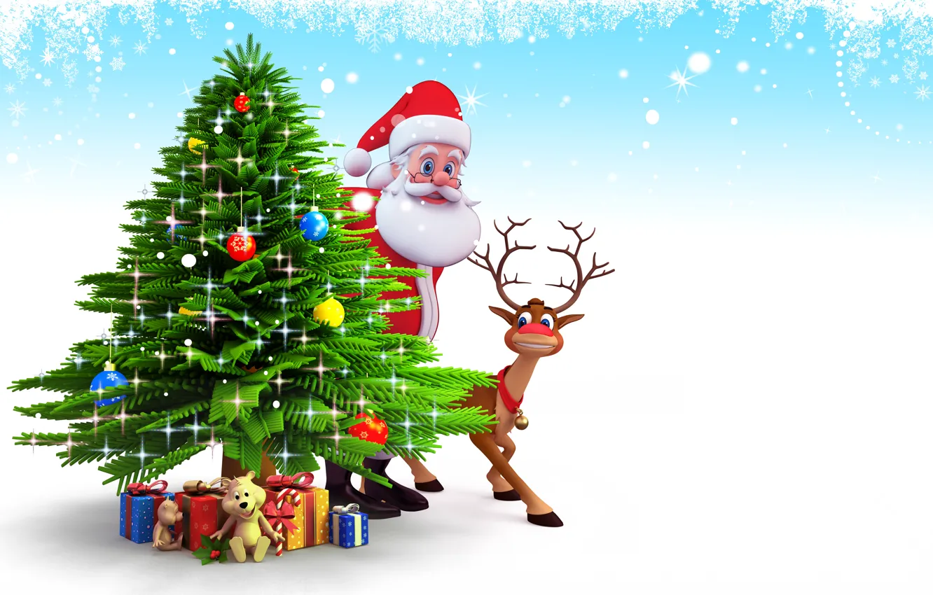 Photo wallpaper snow, tree, new year, Christmas, gifts, christmas, new year, Santa Claus