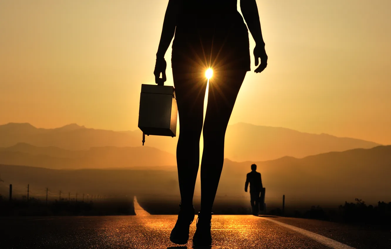 Photo wallpaper road, girl, the sun, dawn, legs, rays of light