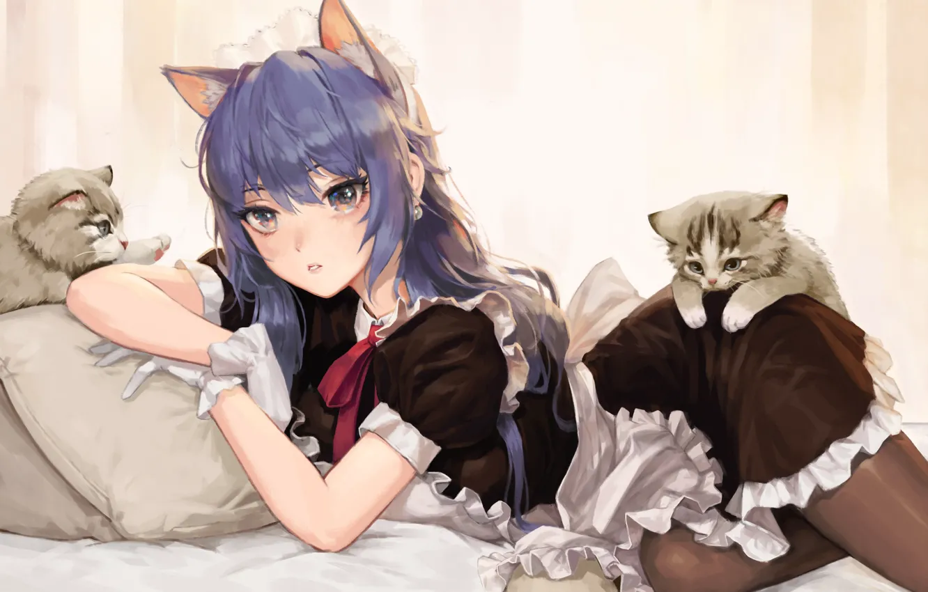 Photo wallpaper gloves, pillow, on the bed, blue hair, the maid, ruffles, cat ears, two kittens