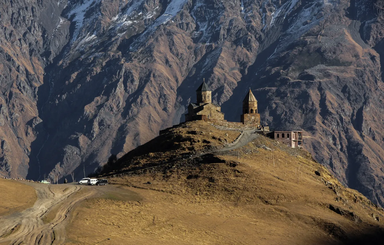 Photo wallpaper mountains, Church, Georgia, Kazbek, Trinity Church, Gergeti