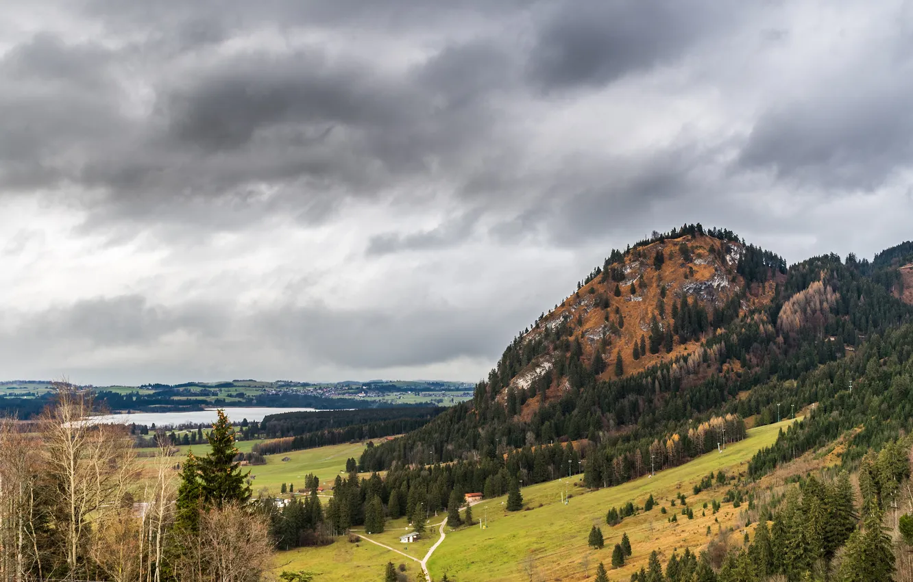 Photo wallpaper forest, clouds, mountains, slope