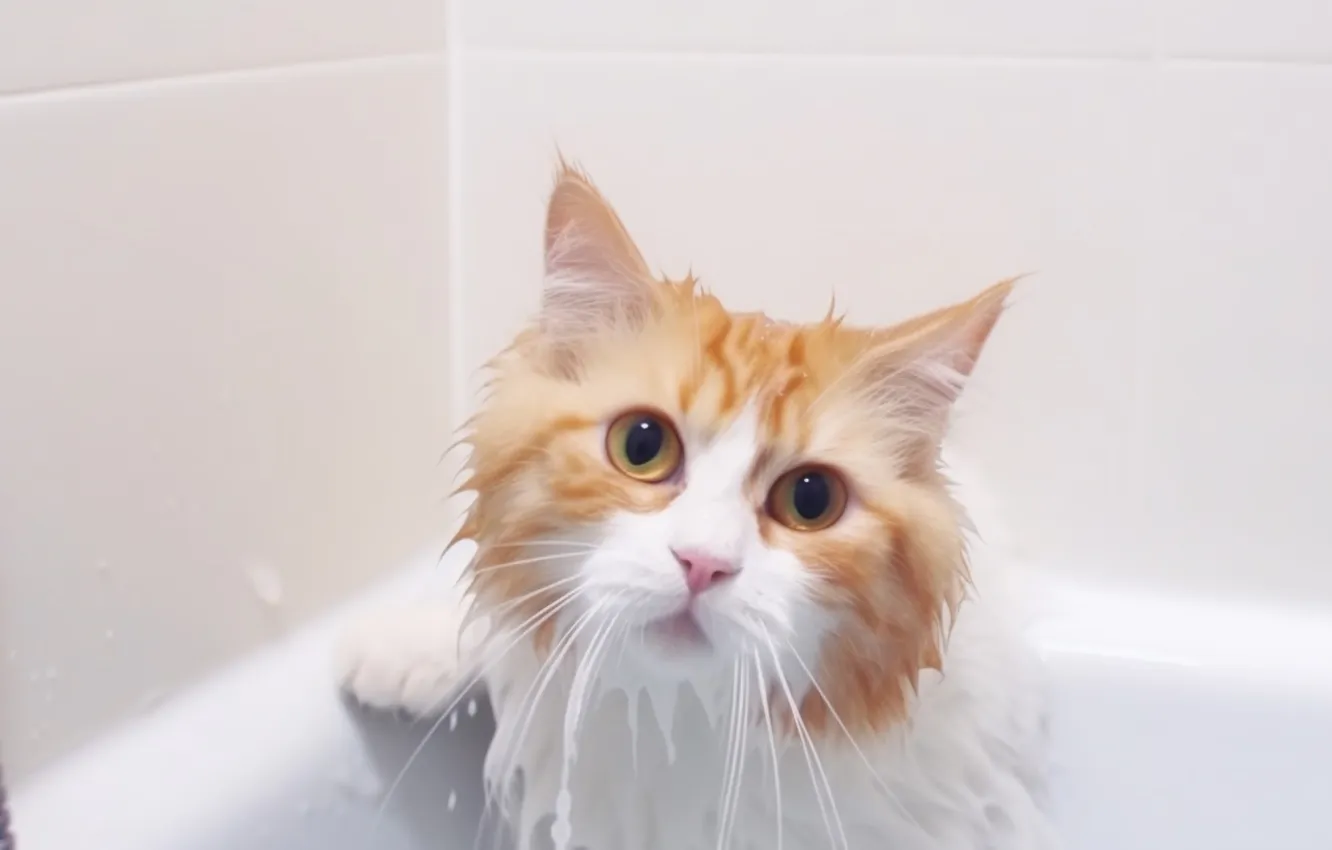 Photo wallpaper cat, cat, look, pose, tile, wet, bathing, bath