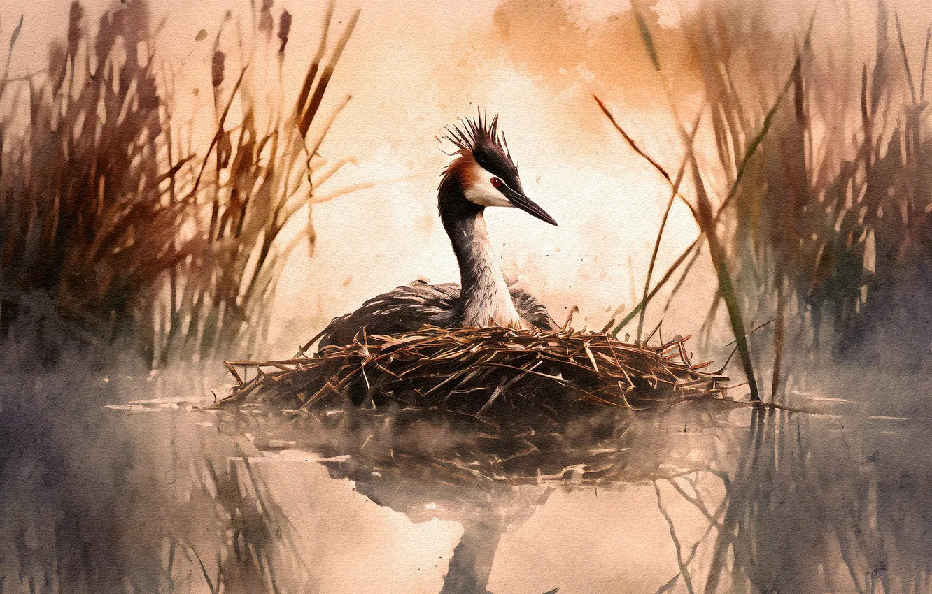 Photo wallpaper water, fog, bird, socket, painting, pond, The great crested grebe, imitation painting