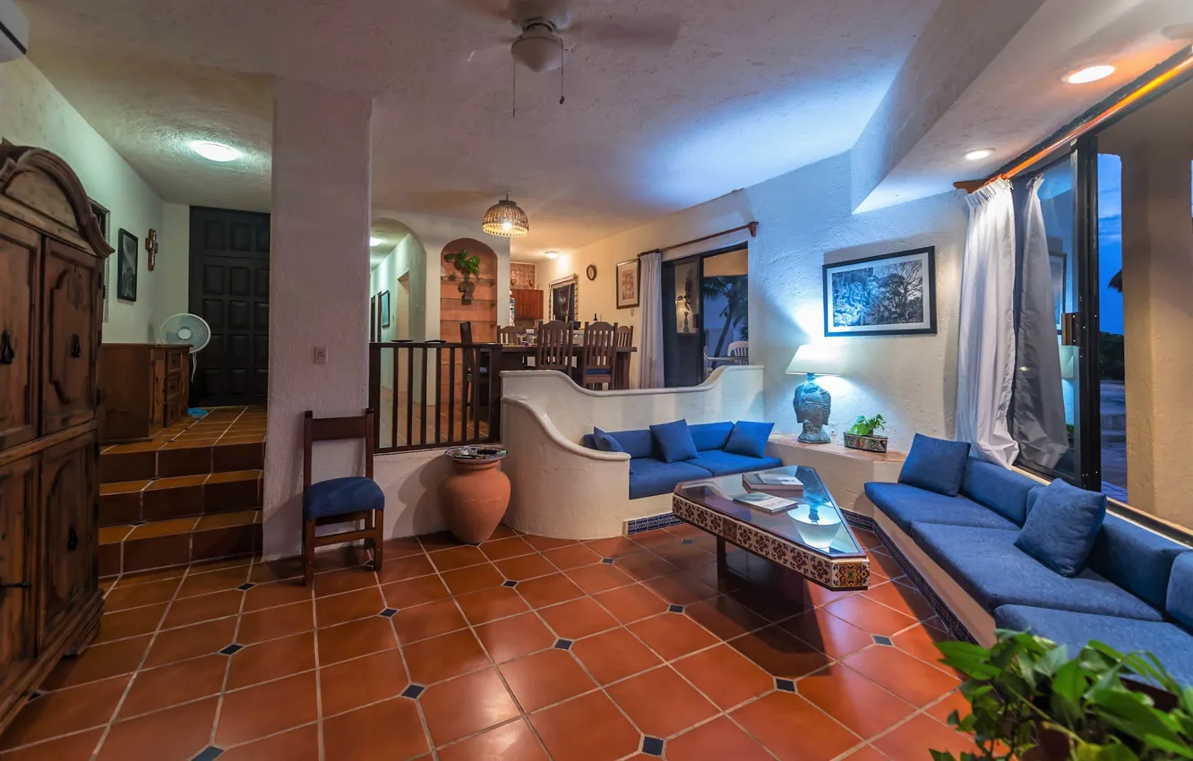 Photo wallpaper interior, living room, hall, Living area with dining room, Villa Nicte Ha House, Akumal Mexico …