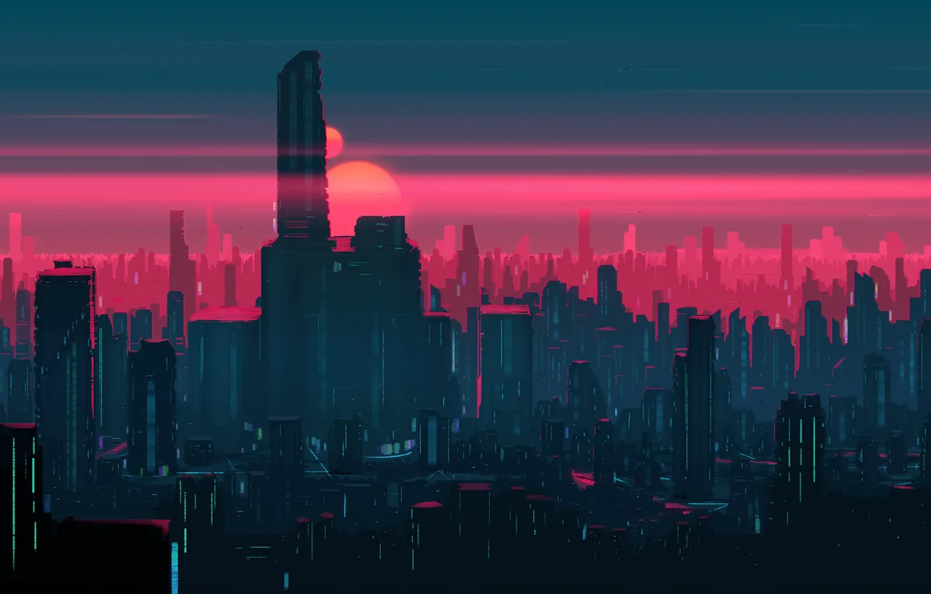 Photo wallpaper the sun, sunset, city, the city, fiction, building, skyscrapers, art