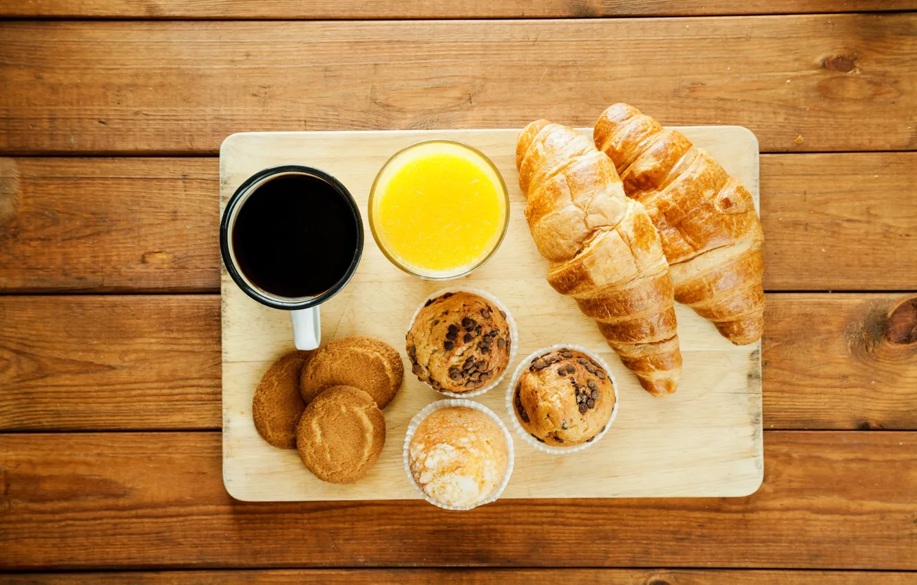 Photo wallpaper coffee, juice, cupcakes, croissant