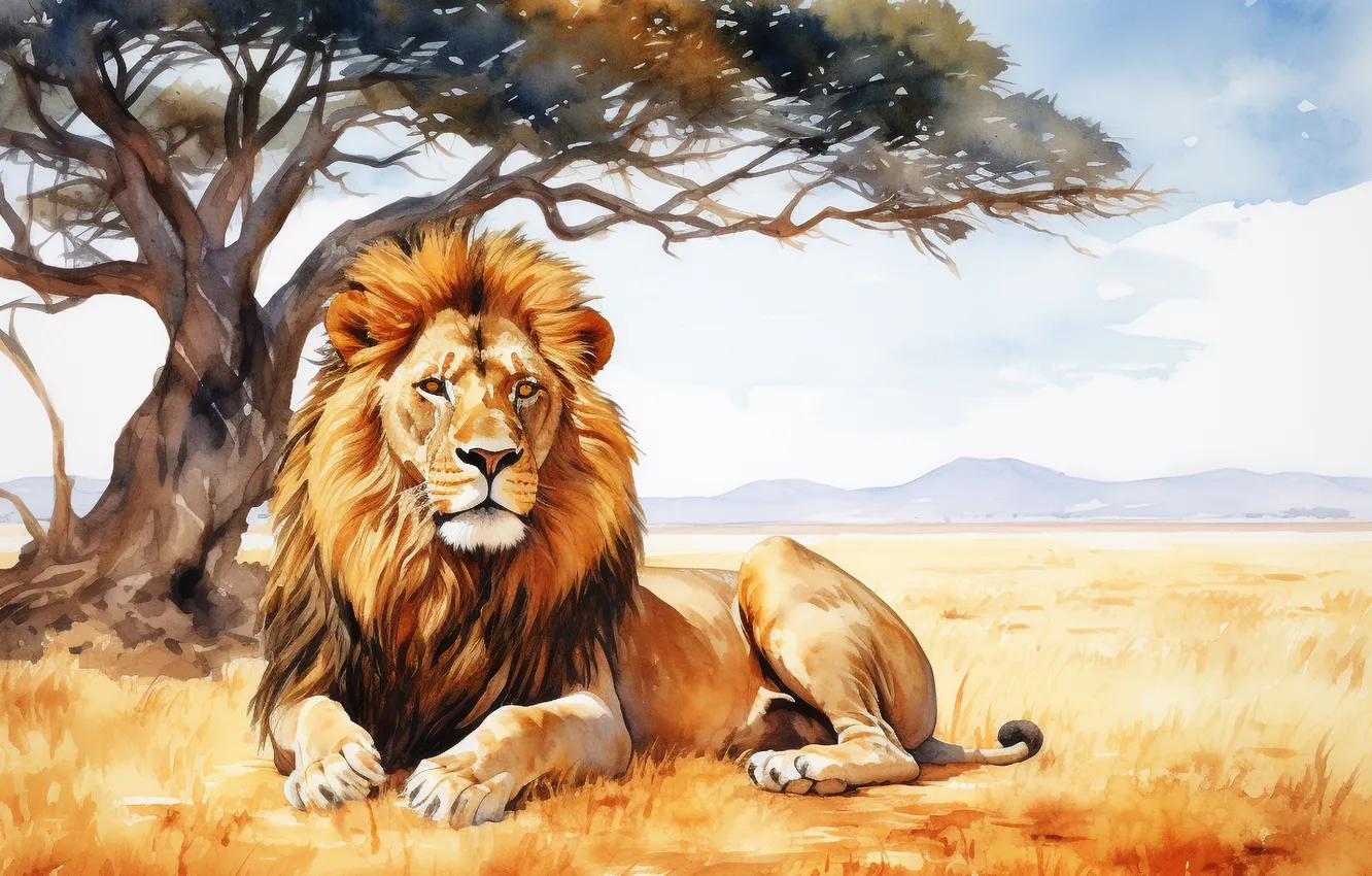 Photo wallpaper trees, predator, Leo, art, big cat, digital art, imitation painting, AI art