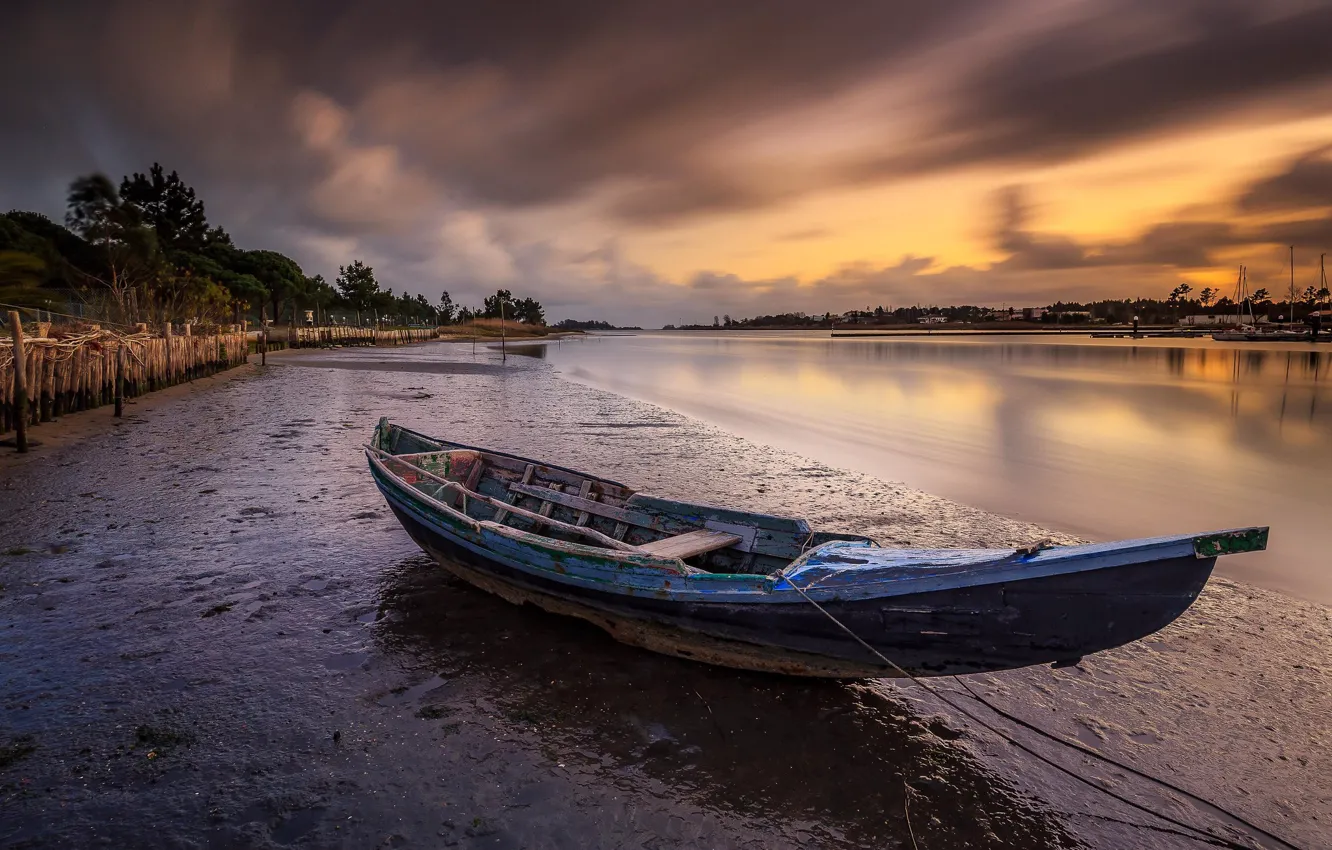 Photo wallpaper clouds, sunset, shore, boat, the evening, wooden, pond