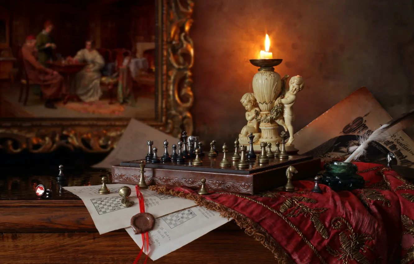 Photo wallpaper picture, candles, feathers, chess, figure, figurine