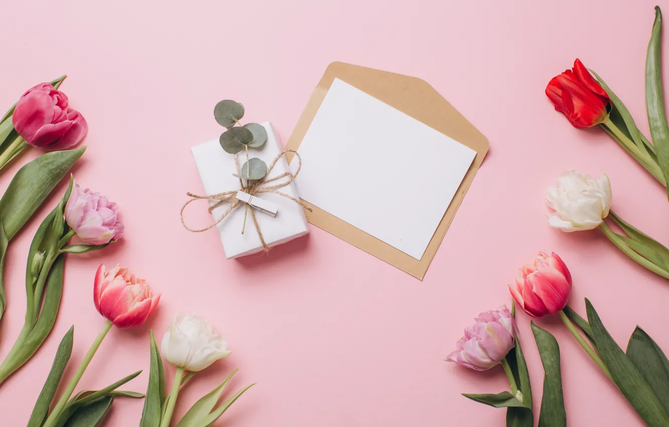Photo wallpaper letter, flowers, background, holiday, gift, tulips