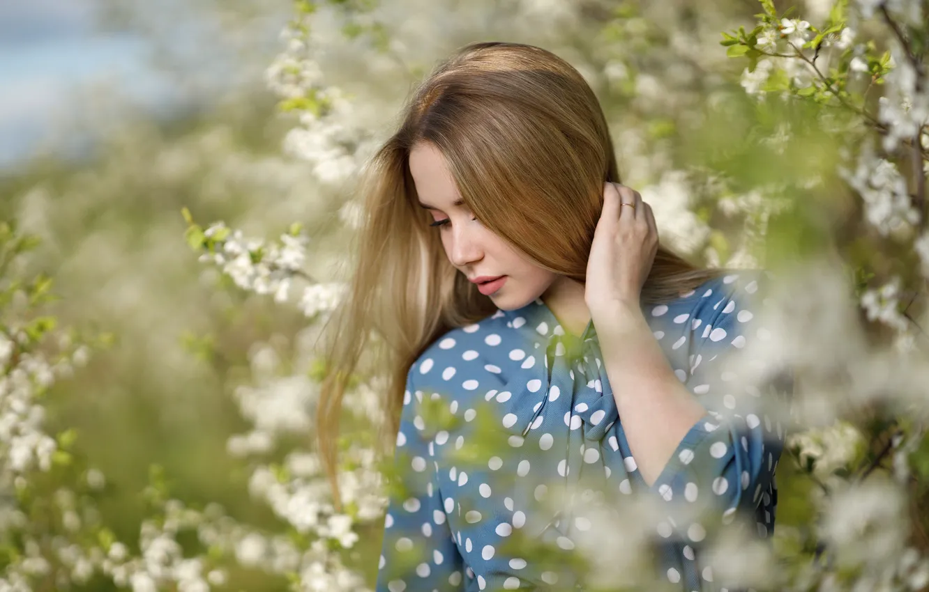 Photo wallpaper girl, branches, nature, spring, dress, peas, brown hair, flowering
