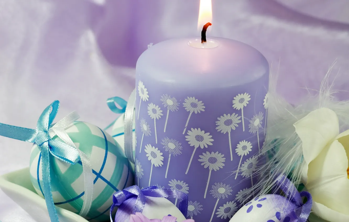 Photo wallpaper flowers, holiday, candle, eggs, fluff, Easter, Easter