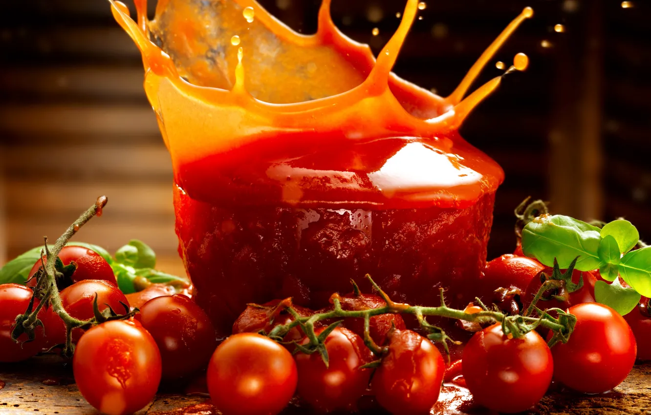 Photo wallpaper squirt, branch, juice, juice, fresh, tomatoes, tomatoes