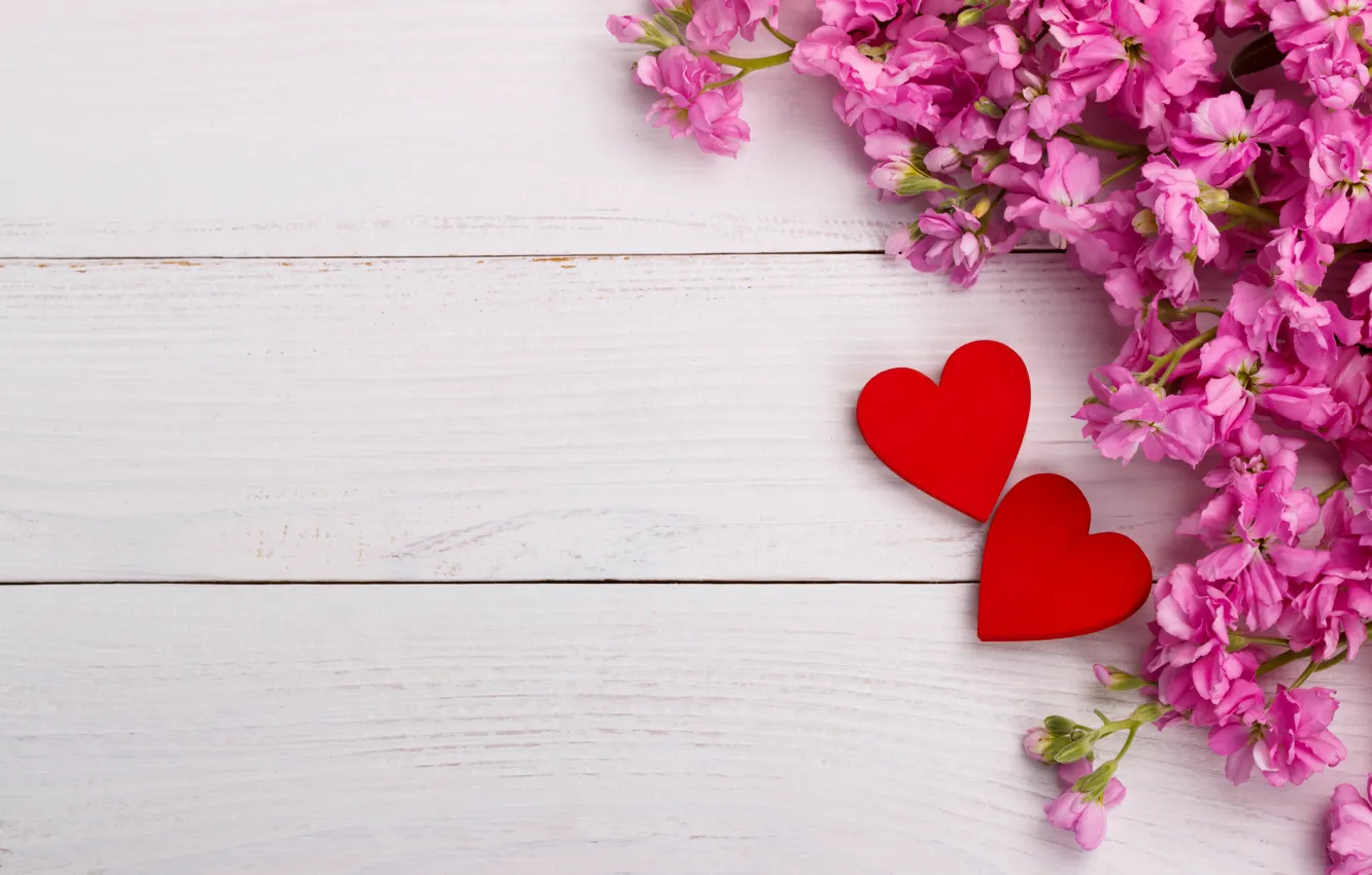 Photo wallpaper flowers, heart, love, pink, wood, pink, flowers, romantic