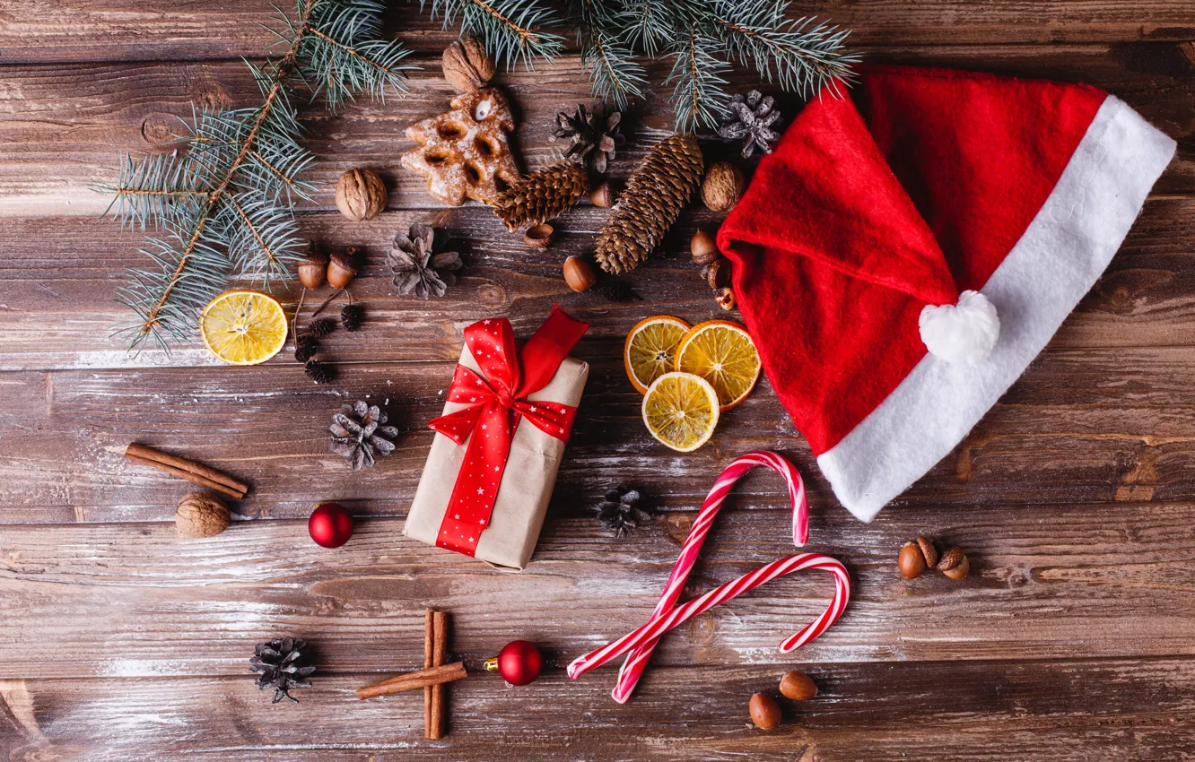 Photo wallpaper holiday, gift, new year, wood, decor, composition, spices