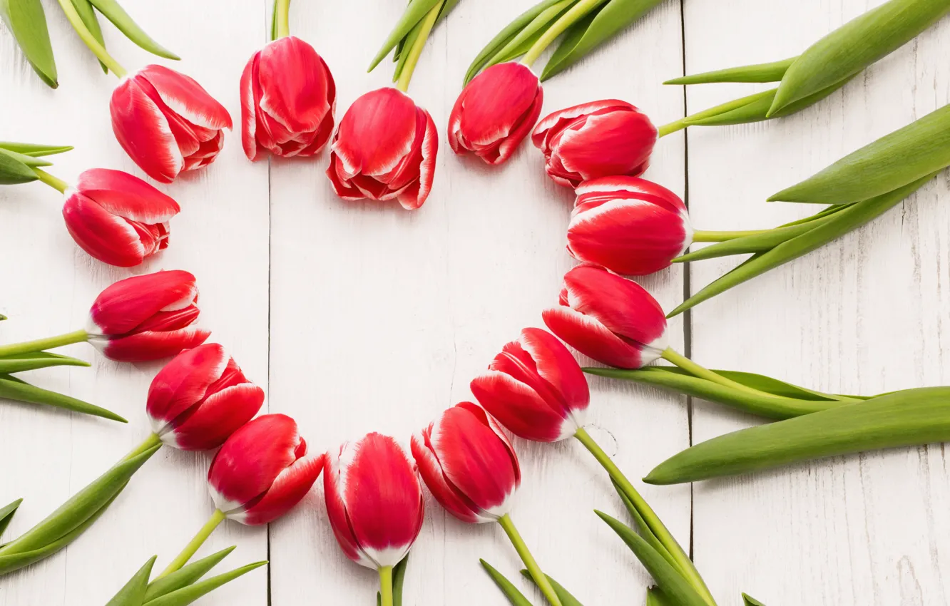 Photo wallpaper flowers, heart, tulips, red, love, heart, wood, romantic