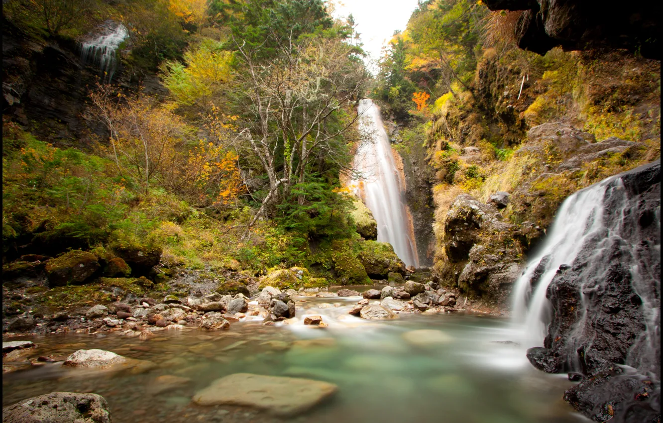 Photo wallpaper autumn, trees, rocks, waterfall, Japan, Nagano