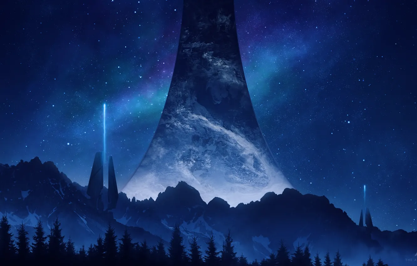Photo wallpaper Mountains, Space, Halo, Space, Art, Fiction, Tree, Science Fiction