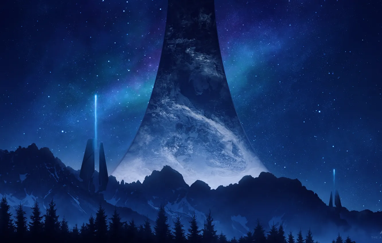 Photo wallpaper space, mountains, fiction, tree, space, Halo, science fiction, art