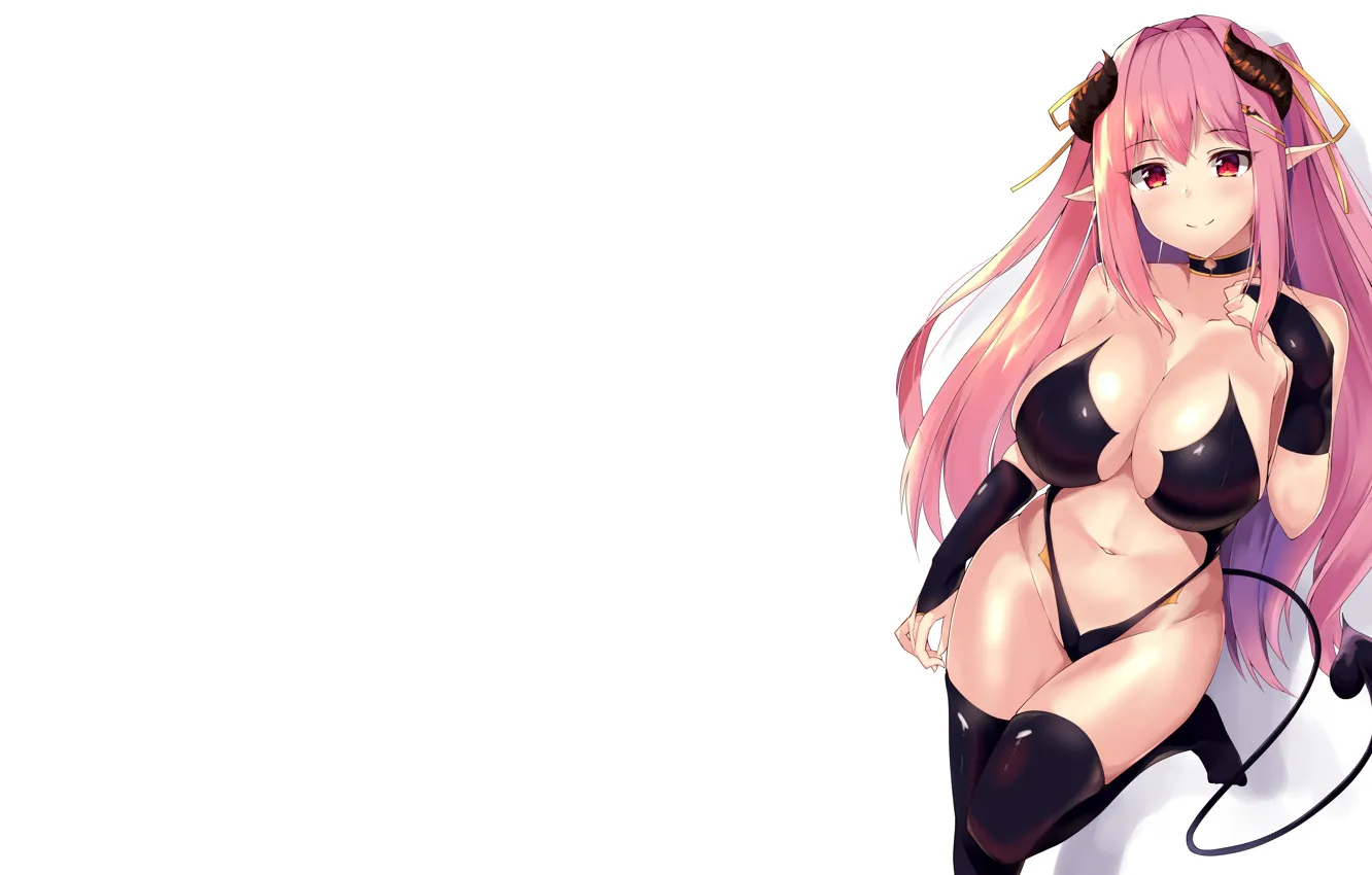 Photo wallpaper girl, sexy, cleavage, thighhighs, pink hair, horns, long hair, boobs