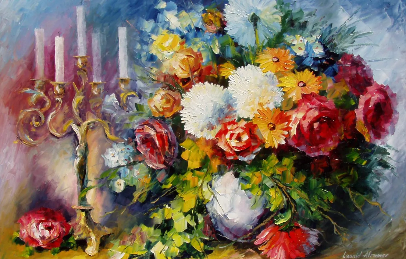 Photo wallpaper flowers, bouquet, candles, art, vase, candle holder, Leonid Afremov