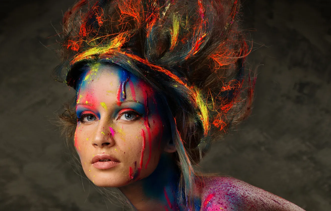 Photo wallpaper look, girl, paint, brown hair, blue-eyed