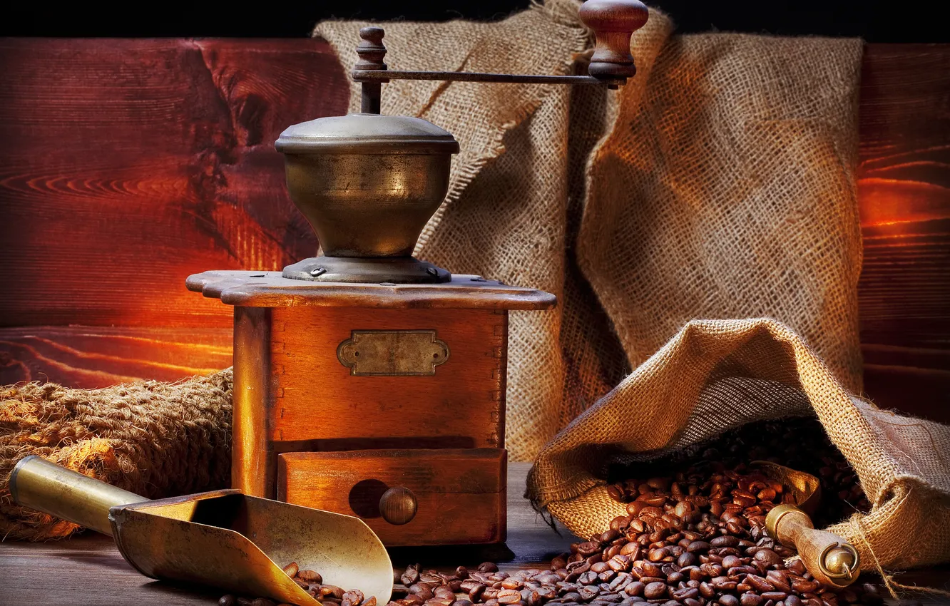 Photo wallpaper table, coffee, grain, bag, blades, coffee grinder