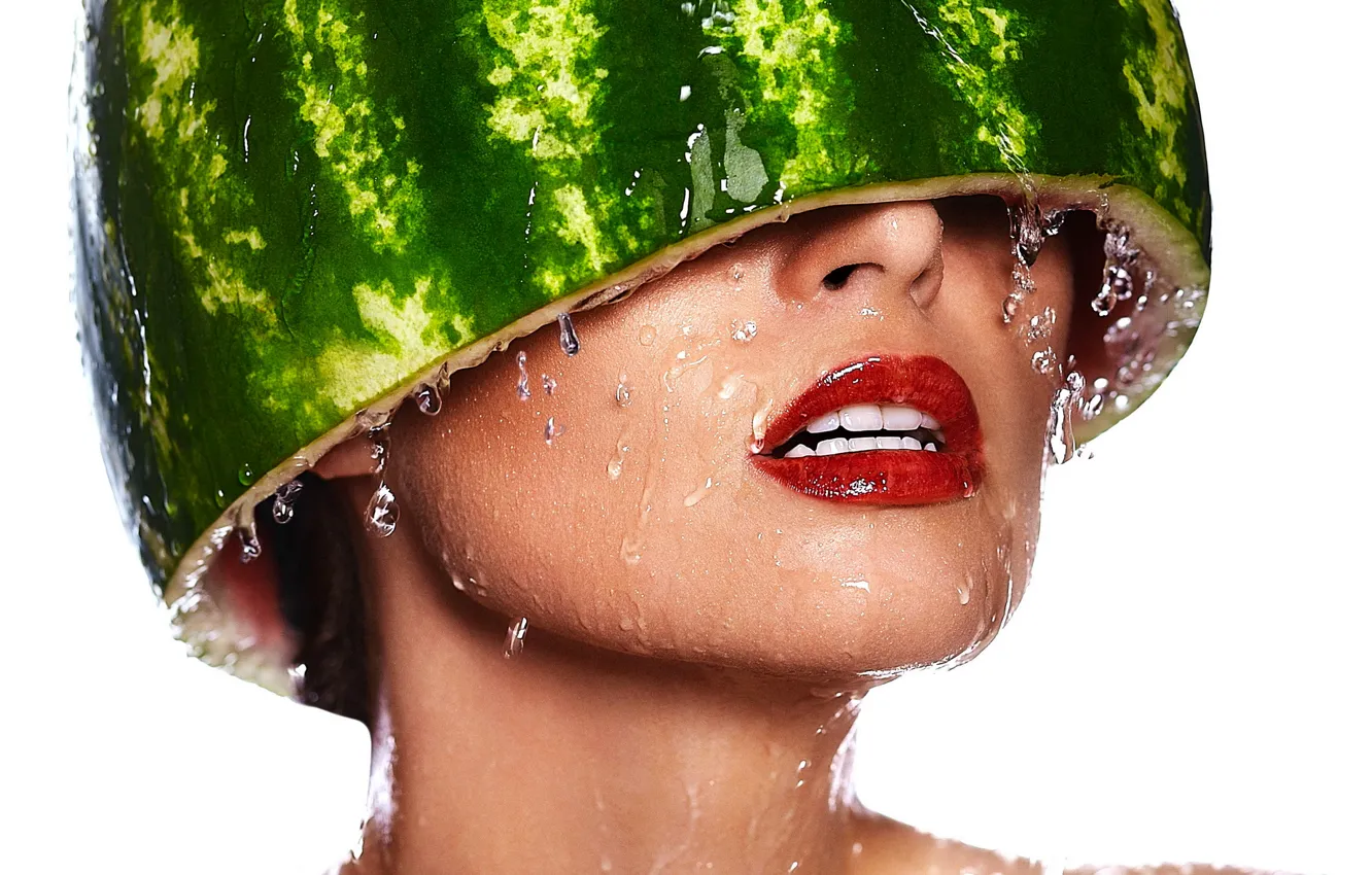 Photo wallpaper water, girl, drops, head, makeup, watermelon, lips, white background