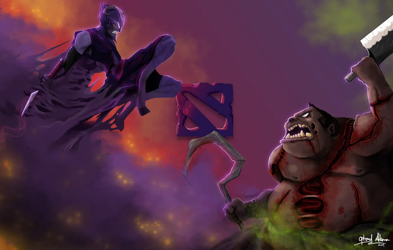 Photo wallpaper art, fight, dota 2, pudge, Butcher, riki, Stealth Assassin