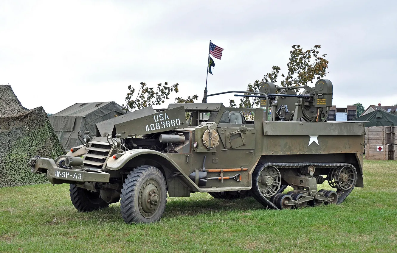 Photo wallpaper grass, time, war, tent, installation, self-propelled, M16, APC