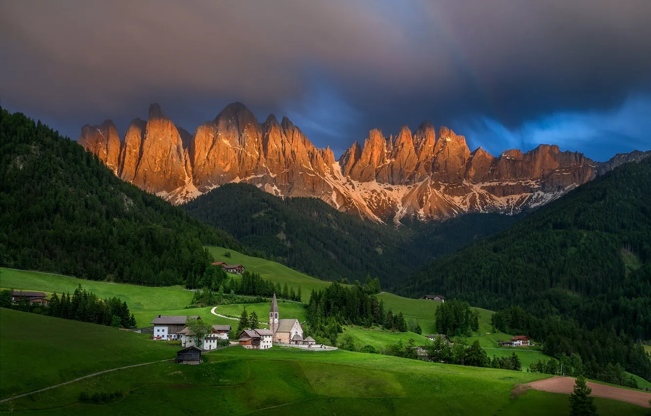 Photo wallpaper landscape, mountains, nature, hills, morning, Italy, Church, village