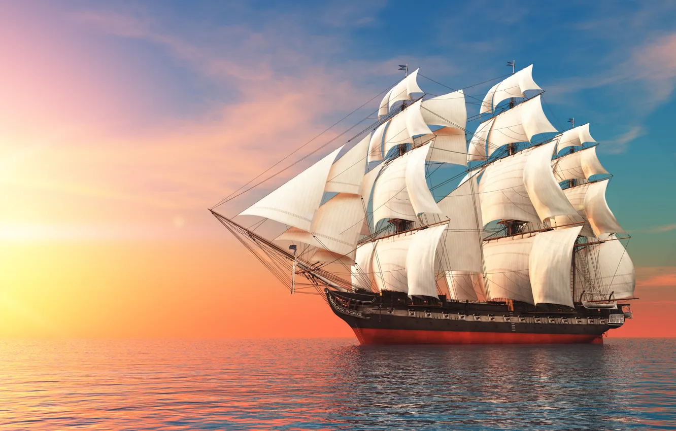 Photo wallpaper sea, the sky, ship, sails, swimming