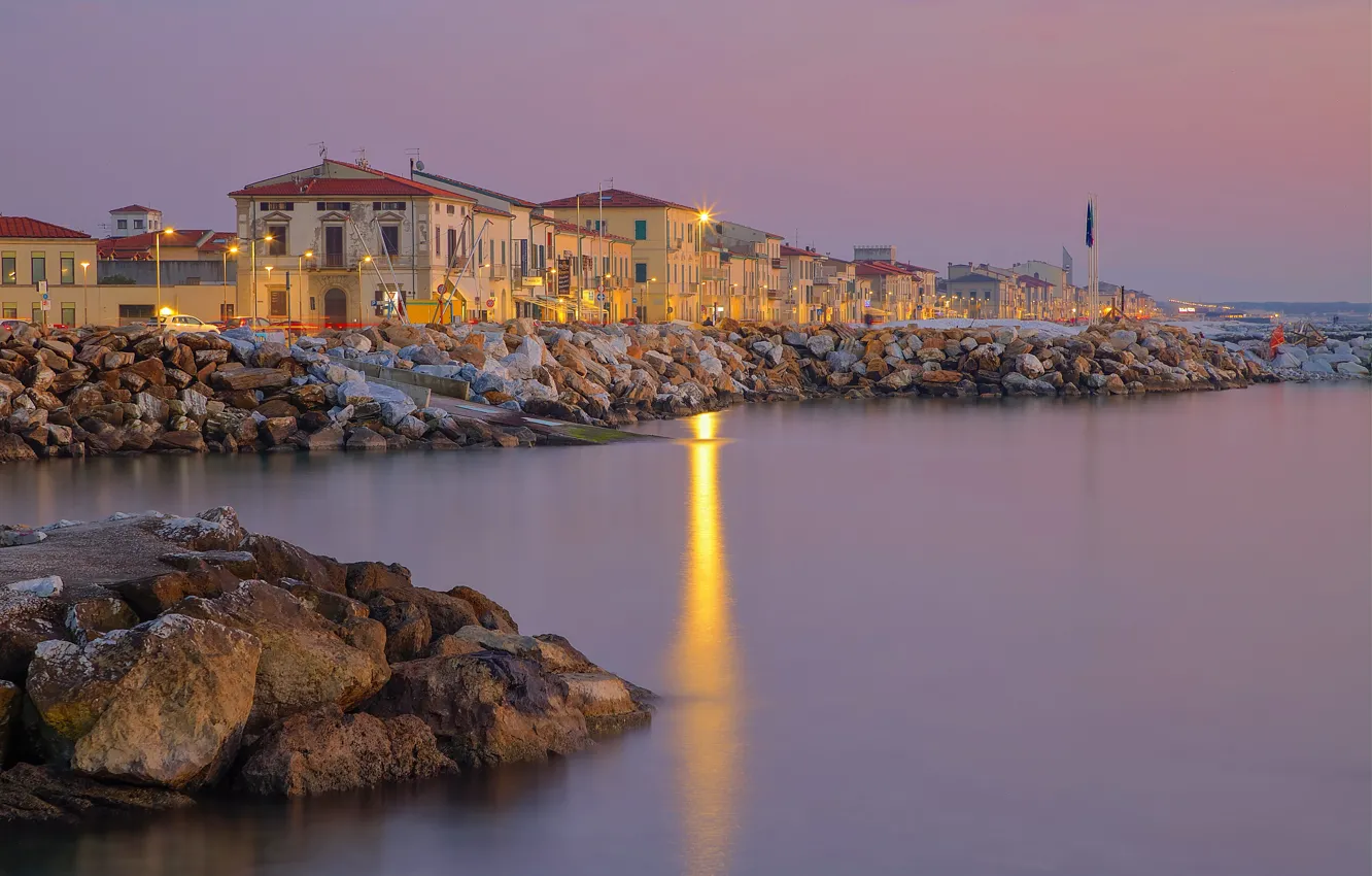 Photo wallpaper sea, lights, shore, home, Italy, Tuscany, Marina di Pisa