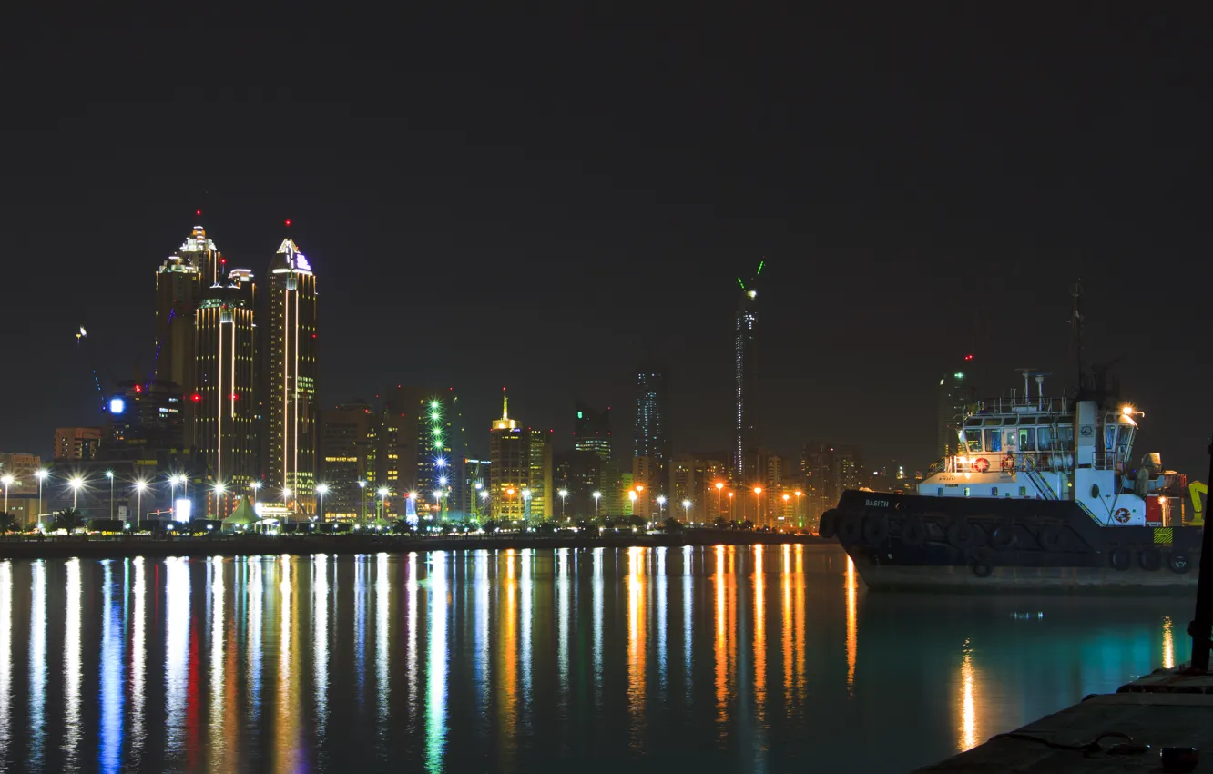 Photo wallpaper night, building, lights, promenade, night, Abu Dhabi, UAE, Abu Dhabi