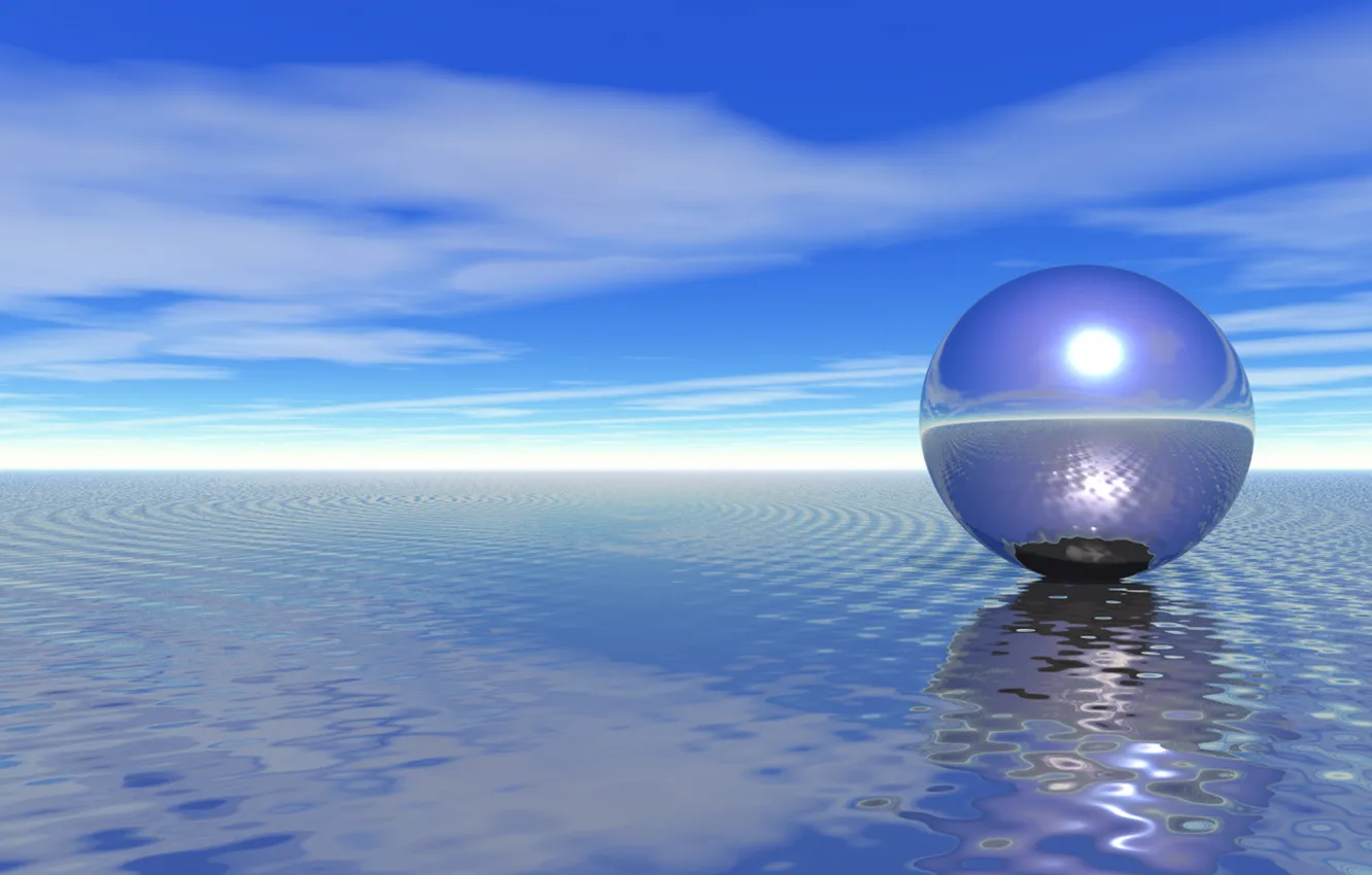Photo wallpaper sea, the sky, water, reflection, rendering, ball, UFO, sphere