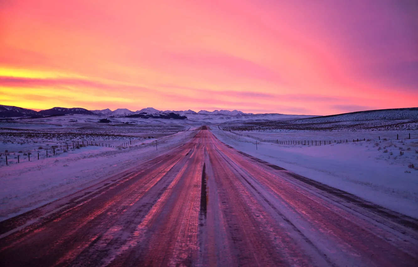 Photo wallpaper road, winter, mountains, snow, morning, hills, sunrise, dawn