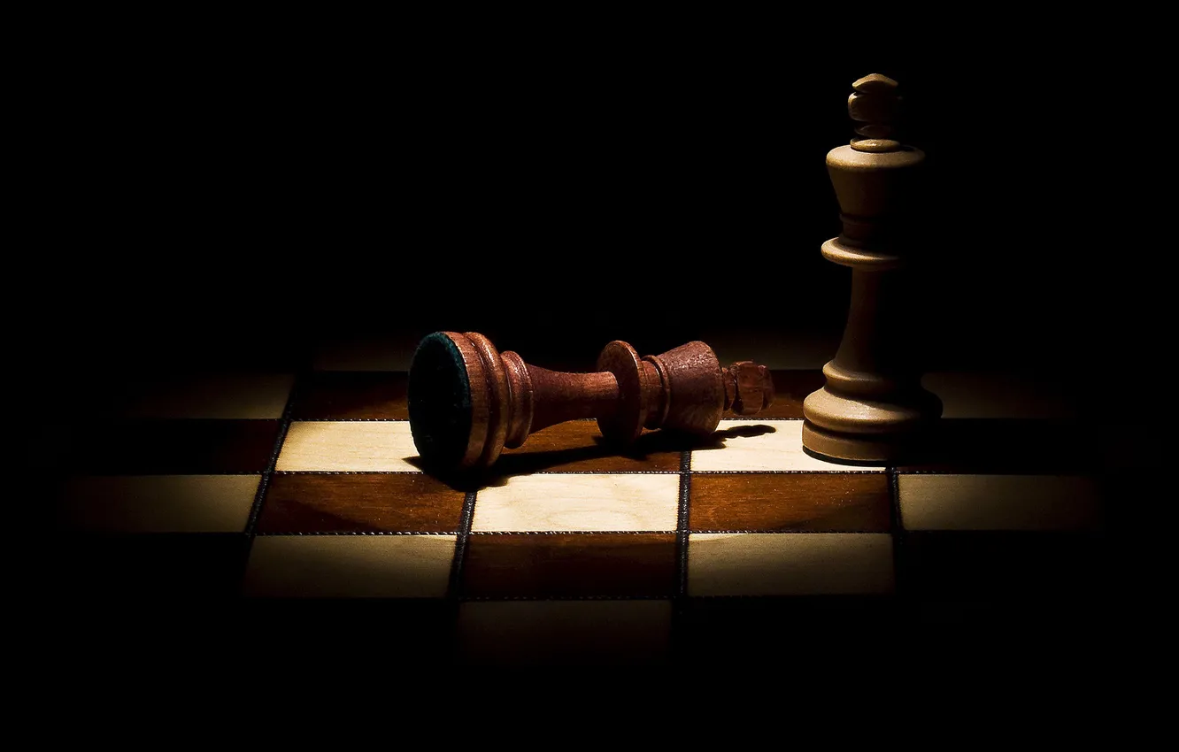 Photo wallpaper light, darkness, chess, lies, wooden, twilight, black background, chess Board
