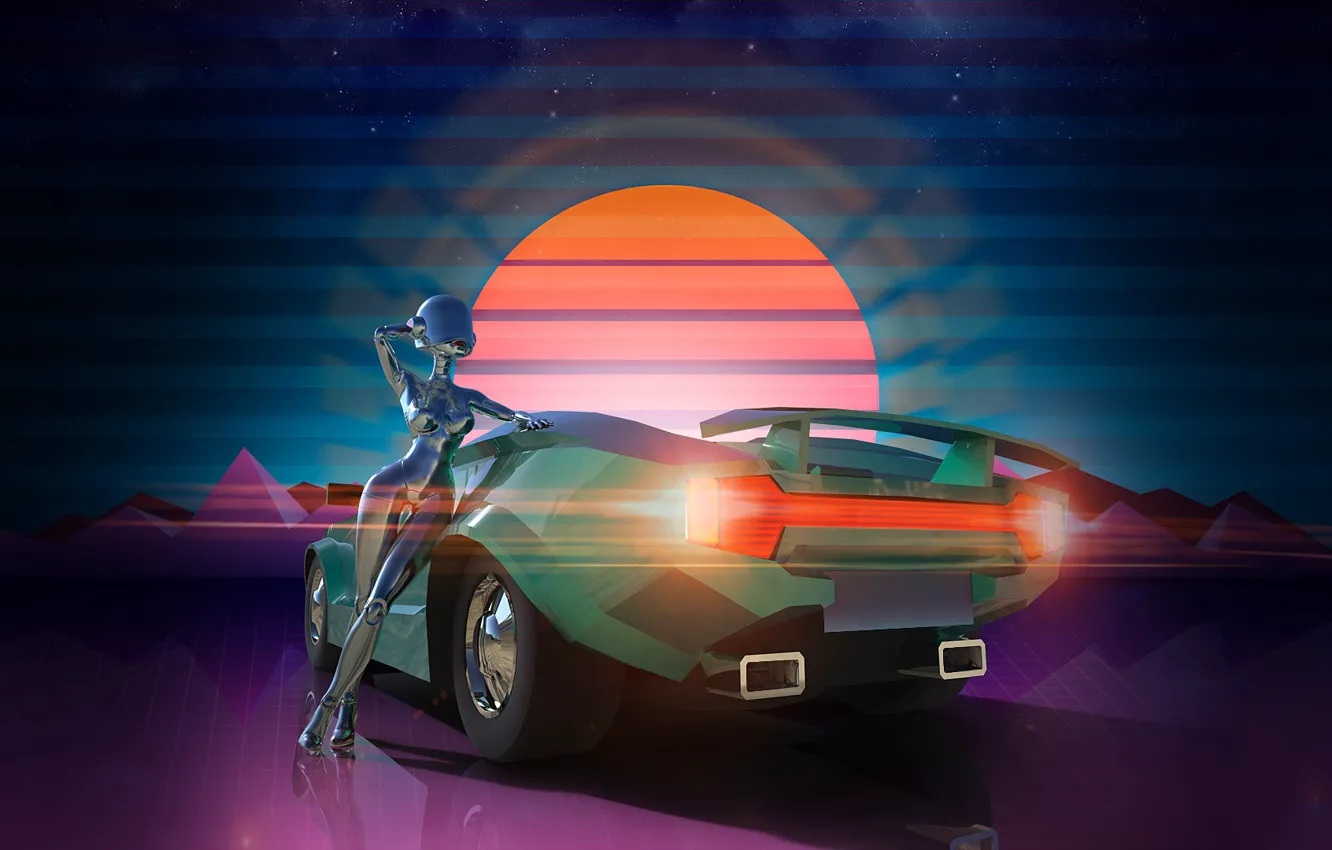 Photo wallpaper machine, auto, the sun, music, rendering, background, graphics, neon