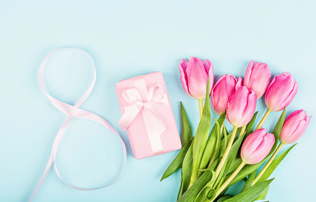 Photo wallpaper flowers, figure, tulips, happy, March 8, pink, flowers, tulips