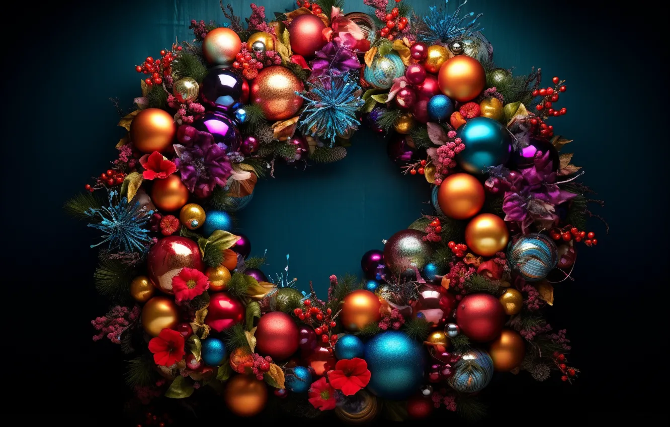 Photo wallpaper decoration, the dark background, balls, new year, colorful, Christmas, Christmas, wreath