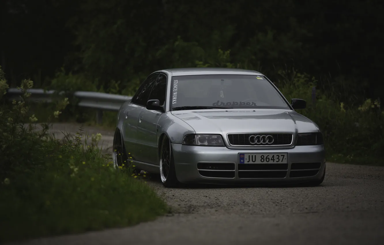 Photo wallpaper Audi, Front, Grey, RS4, Stance, Face, Silver, Audi A4