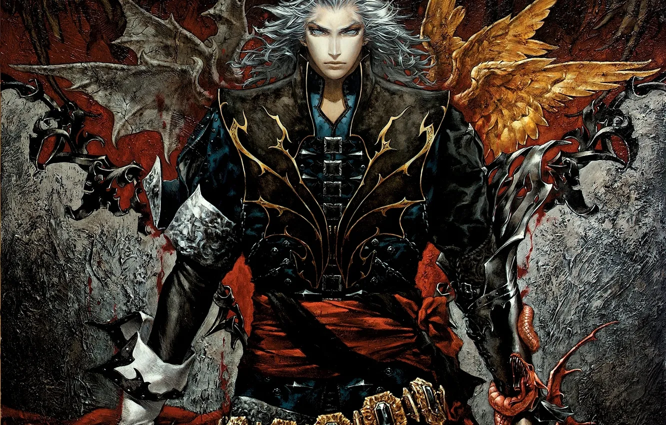 Photo wallpaper snake, wings, art, male, white hair, castlevania, Hector, ayami kojima