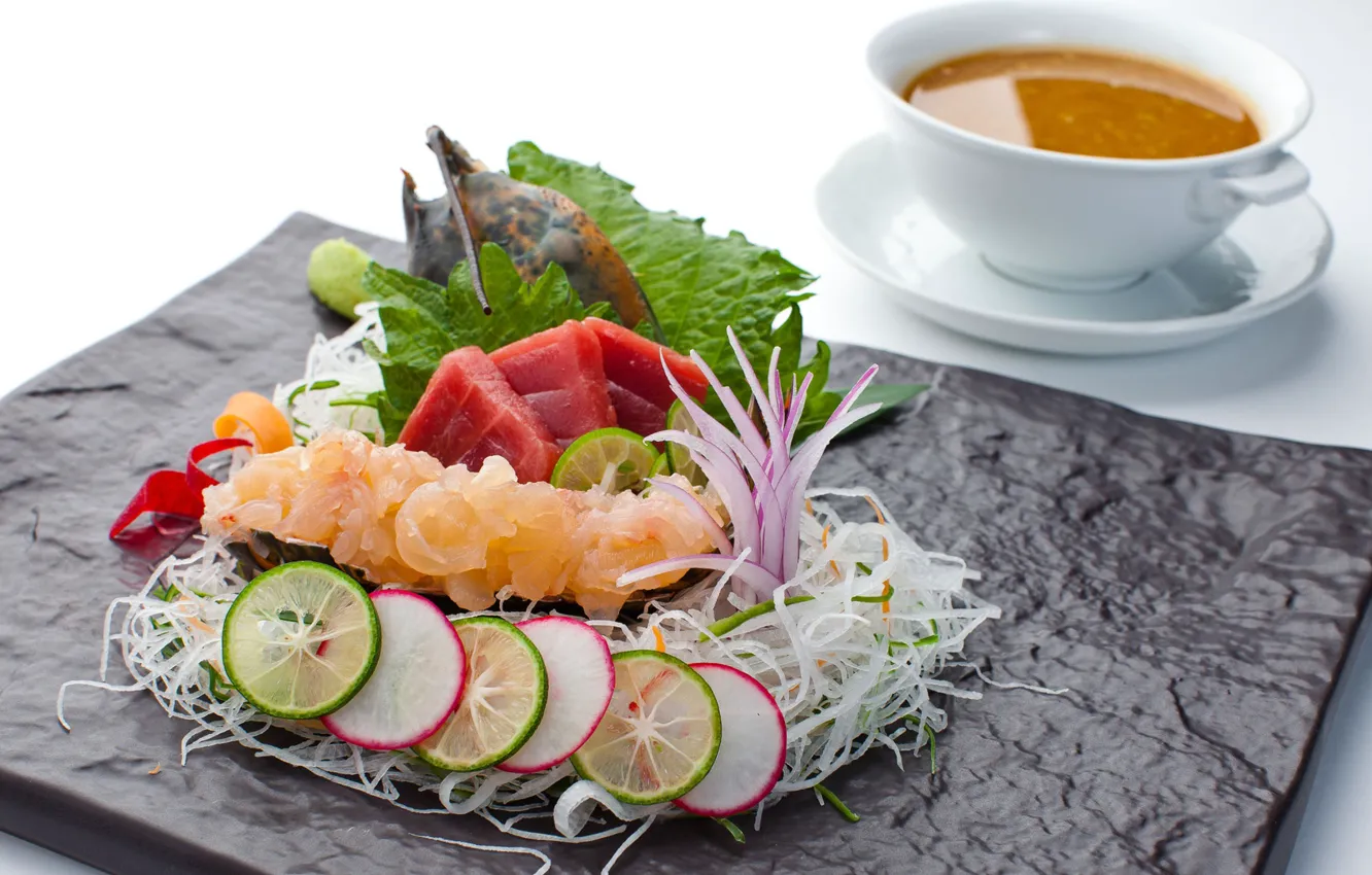 Photo wallpaper soup, vegetables, seafood, tuna, sashimi