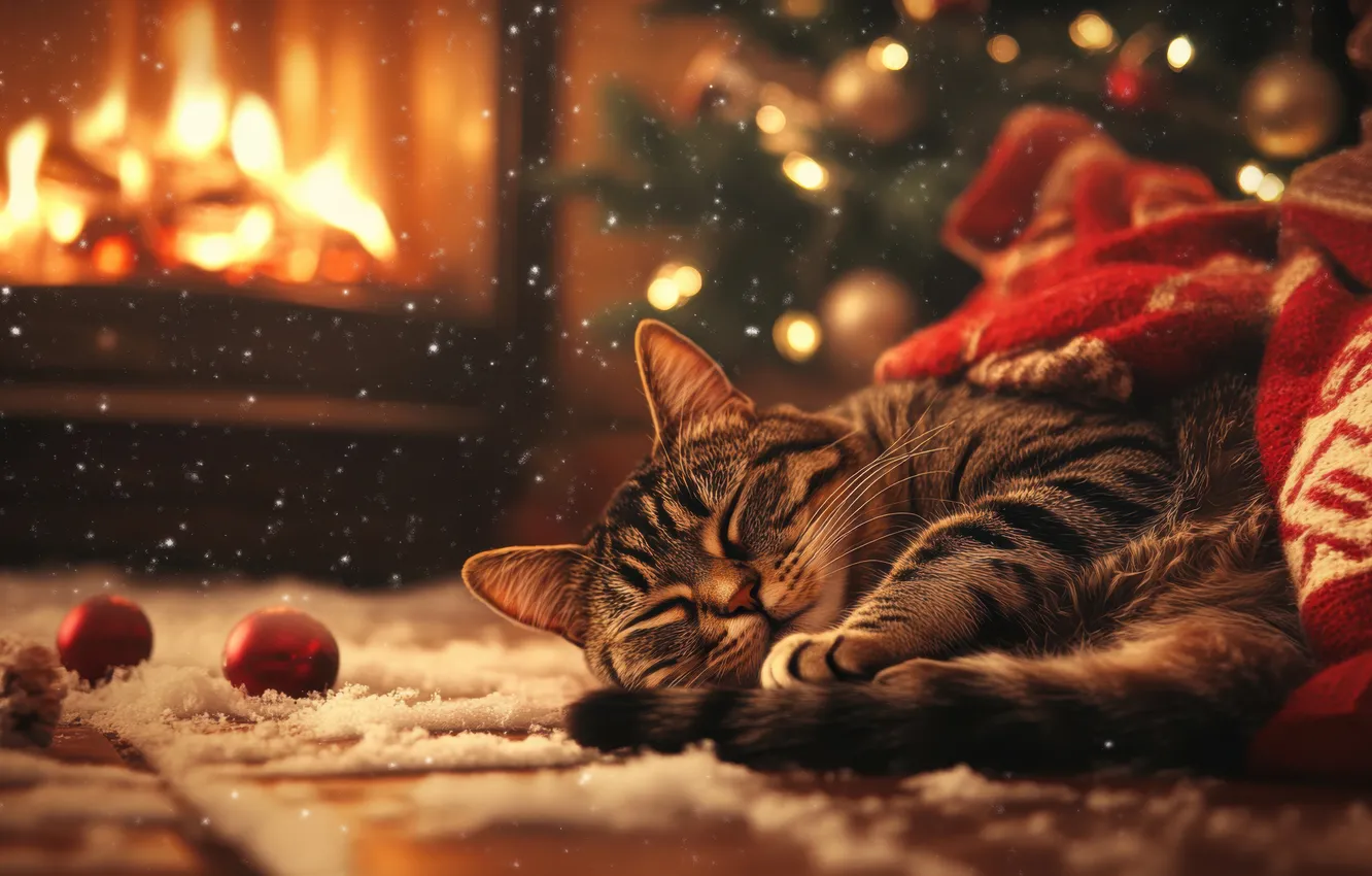 Photo wallpaper cat, cat, balls, light, snow, lights, pose, comfort