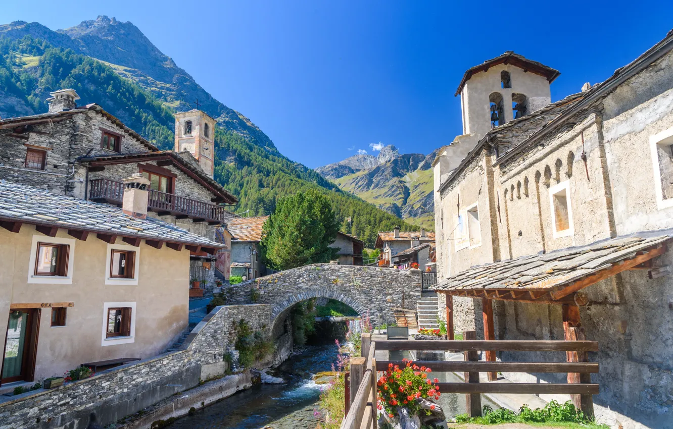 Photo wallpaper mountains, bridge, river, Italy, Cuneo, Varaite Valley, Chianale village