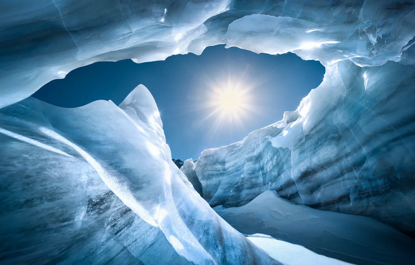 Photo wallpaper ice, winter, the sky, the sun, blue, glacier, ice