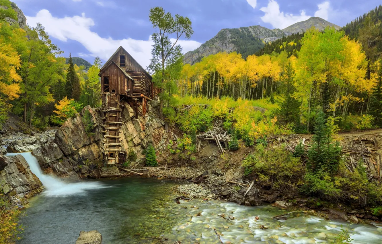 Photo wallpaper autumn, trees, river, stream, waterfall, Colorado, mill, Crystal Mill
